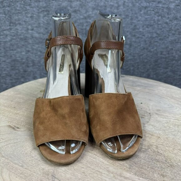 Louise Et Cie 37 /  6.5M Brown tan Suede Peep Toe Heels Ankle Strap Stacked heel - Picture 10 of 10